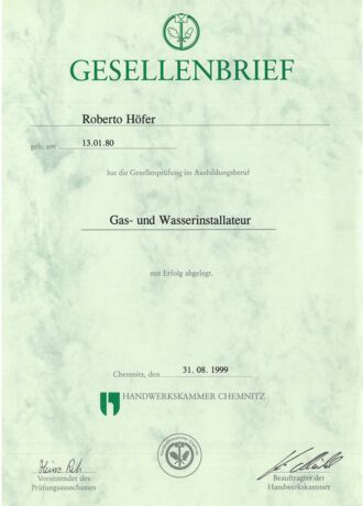 Gesellenbrief Gas- und Wasserinstallateur